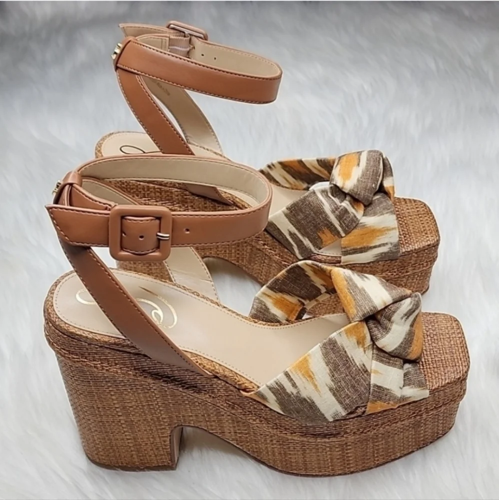 Sam Edelman Theresa Leather Platform Sandal Heels Grey Multi